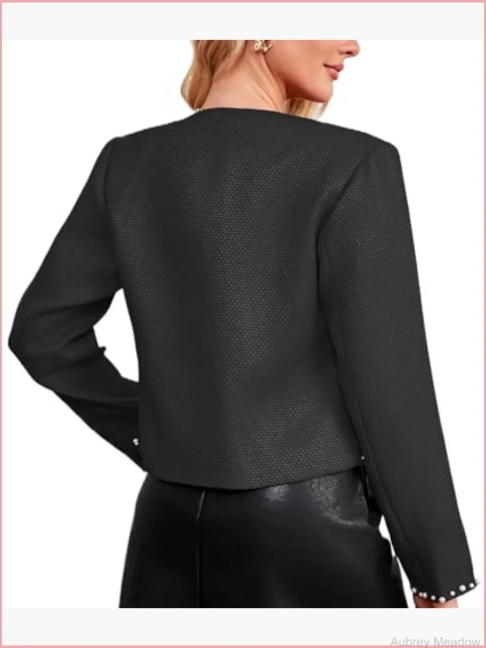 Cropped Tweed Blazer Jacket Long Sleeve Open Front Pearl Trim Fall Outfit